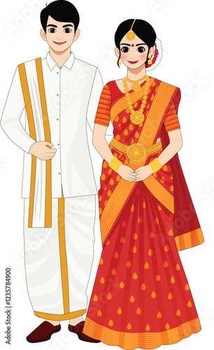 Traditional South Indian Wedding Couple in Cultural Attire – Vector Illustration