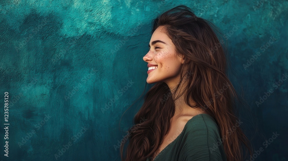 Fototapeta premium Serene woman with freckles against a textured blue backdrop