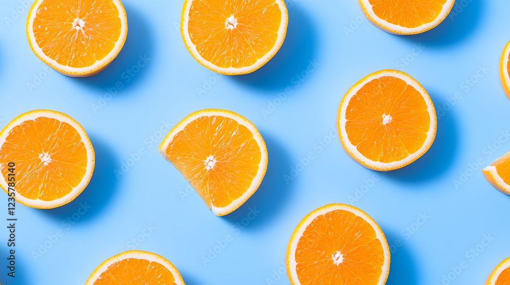 Vibrant orange slices arranged on a light blue background, highlighting their juicy texture and refreshing color. Perfect for use in food-related projects and health themes. Vibrant orange slices arranged on a light blue background, highlighting their juicy texture and refreshing color. Perfect for use in food-related projects and health themes.