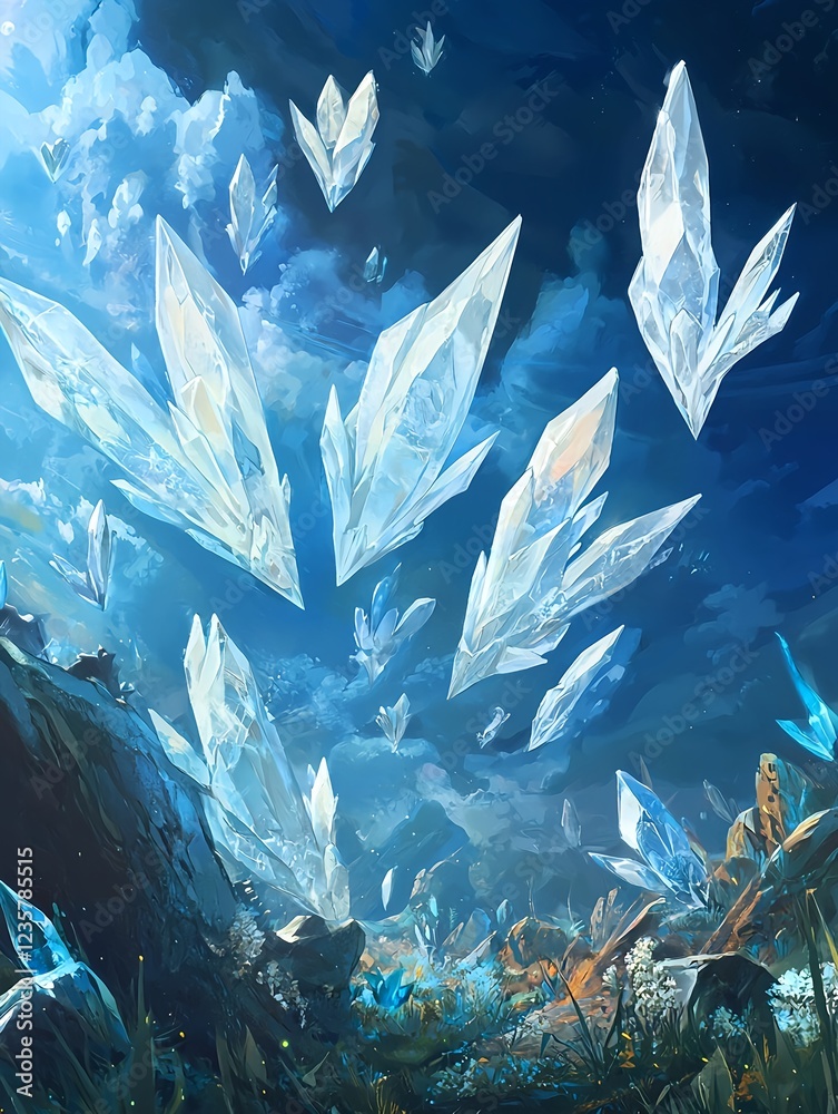 Obraz premium Ethereal white crystals fly gracefully with dynamic and detailed visuals in anime style
