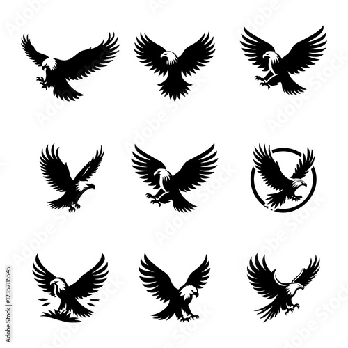 Nine silhouettes of eagles with flapping wings on a white background