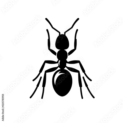 Black Ant Silhouette: A minimalist illustration of a black ant silhouette, symbolizing teamwork, diligence, and perseverance, suitable for various projects.