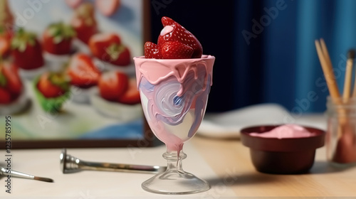 Outstanding cup of strawberries with a pink cover on it photo