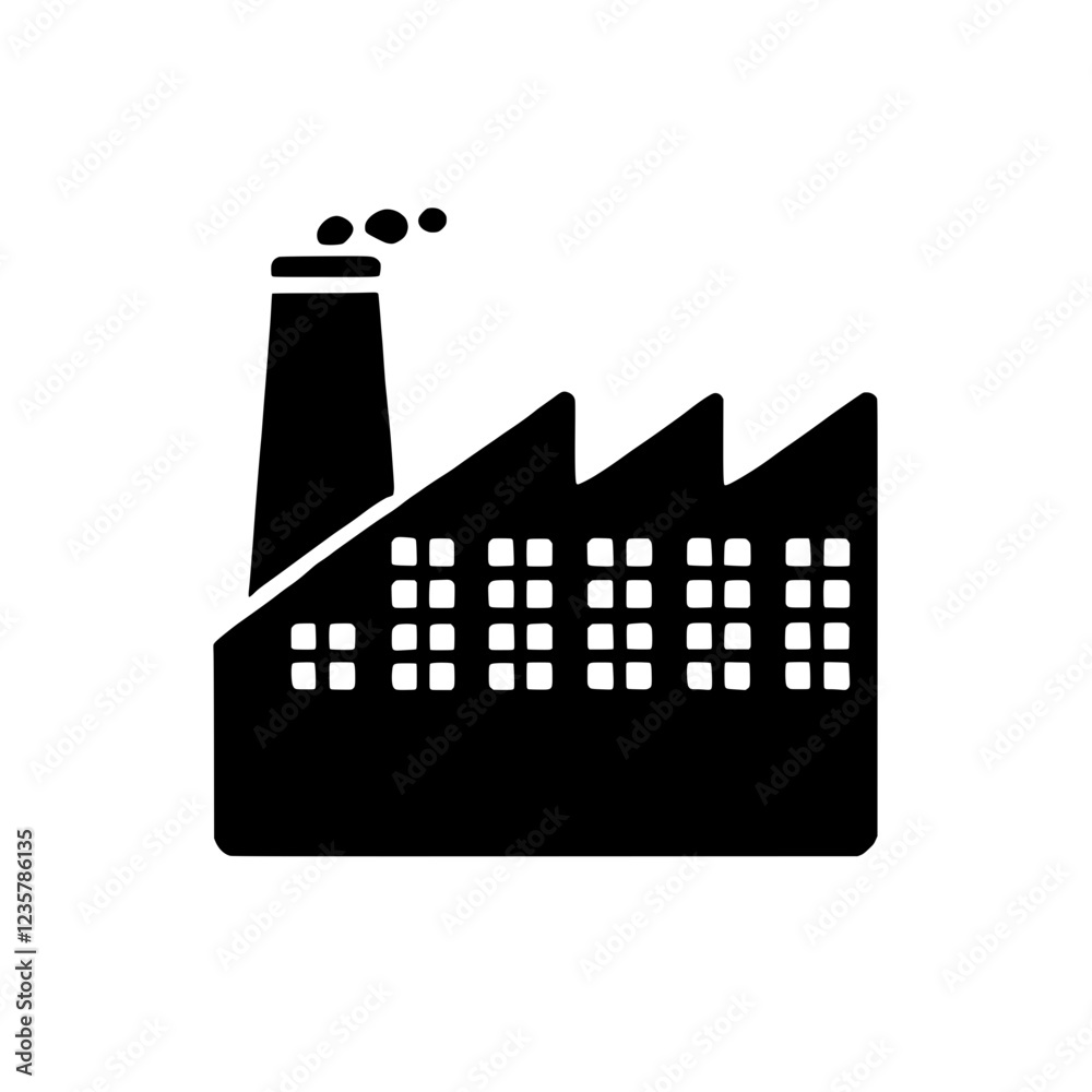 Obraz premium Factory Icon: A simple, black and white silhouette of a factory building with a tall smokestack emitting smoke, perfect for illustrating industrial concepts, production, or manufacturing.