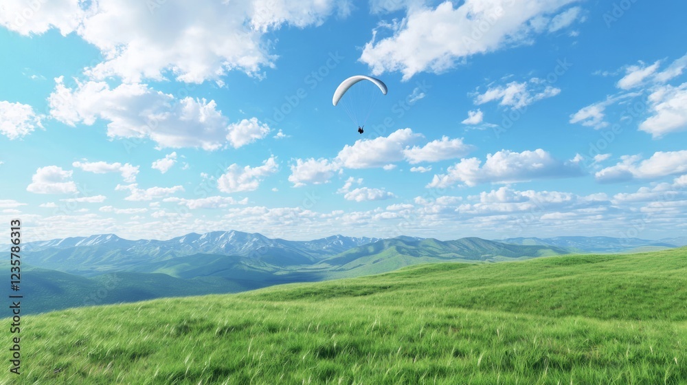 Fototapeta premium Scenic Paraglider Soaring Above Rolling Green Hills and Clouds