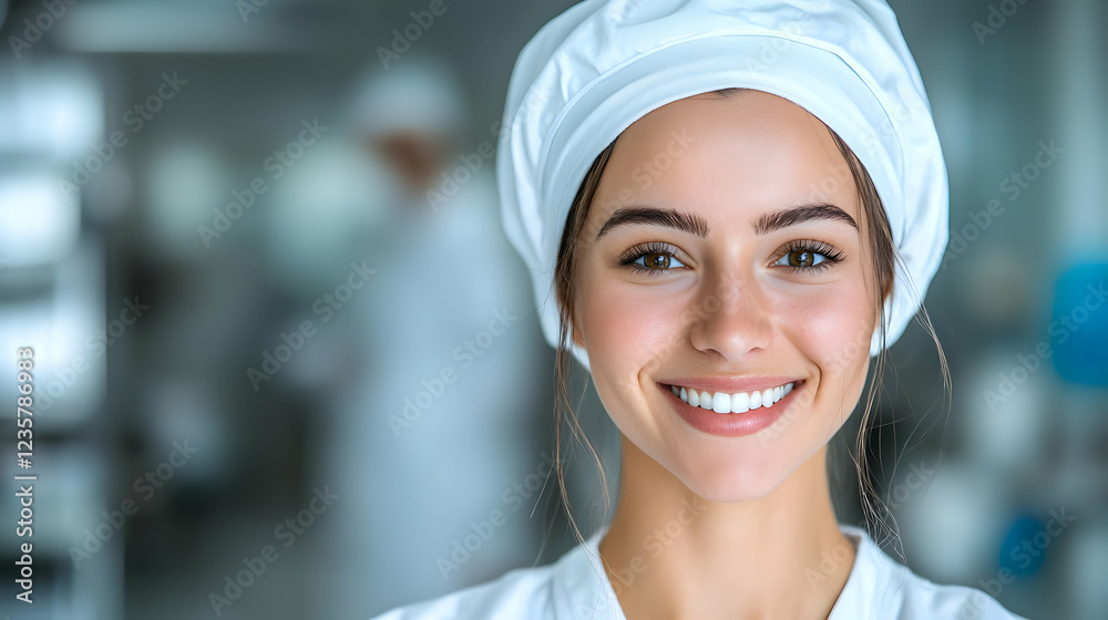 Smiling food factory worker, clean facility Smiling food factory worker, clean facility