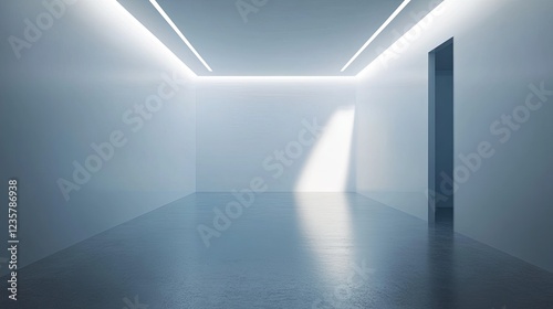 Empty white room with illuminated ceiling lights and open door minimal design architecture