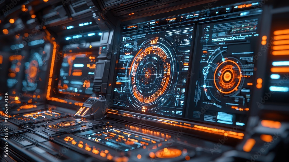 Obraz premium Futuristic Sci Fi Spaceship Control Panel Interface with Orange and Blue HUD