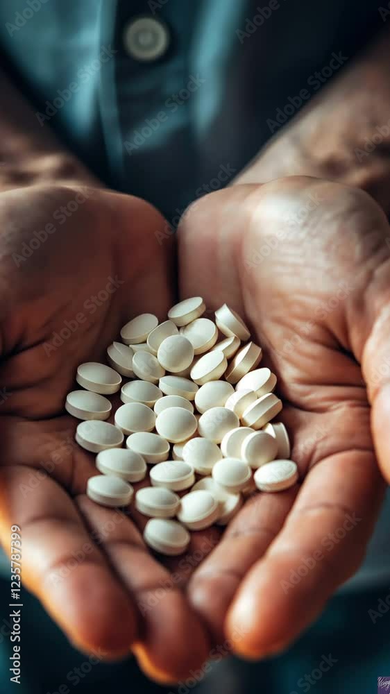 A male patient holds a handful of white pills in his palm. A male patient holds a handful of white pills in his palm.