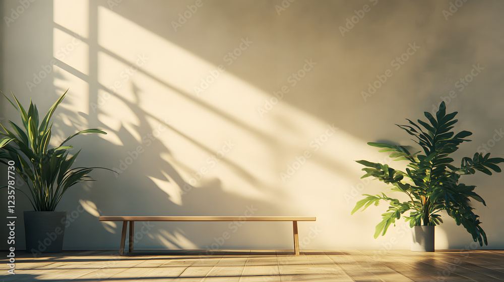 Fototapeta premium Wooden Bench, Potted Plants, and Sunlight Shadows in Minimalist Interior