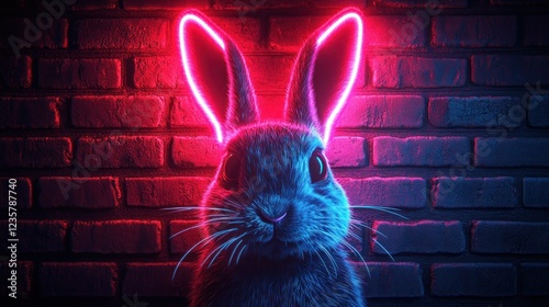 Neon Bunny Brick Wall Night Art