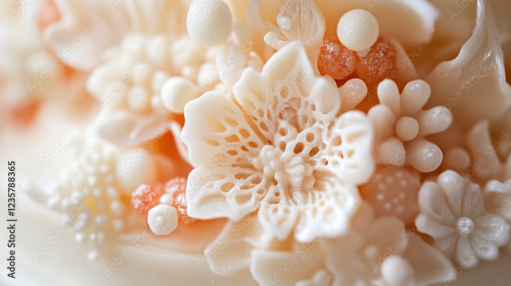 Close-up of a delicate white sugar flower with intricate details on a wedding cake. Close-up of a delicate white sugar flower with intricate details on a wedding cake.