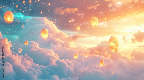 A fantasy dreamland filled with soft clouds and glow