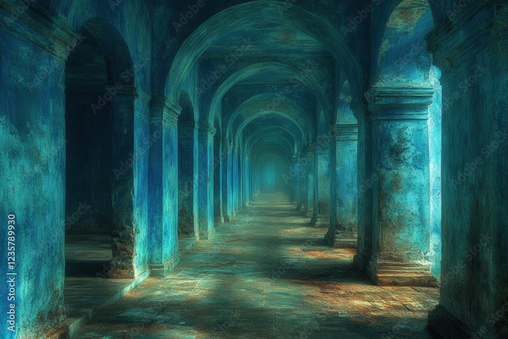 Ancient Blue Corridor, Mysterious, Empty, Sunlight, Historic, Architectural, Tourist, Photo. Ancient Blue Corridor, Mysterious, Empty, Sunlight, Historic, Architectural, Tourist, Photo.