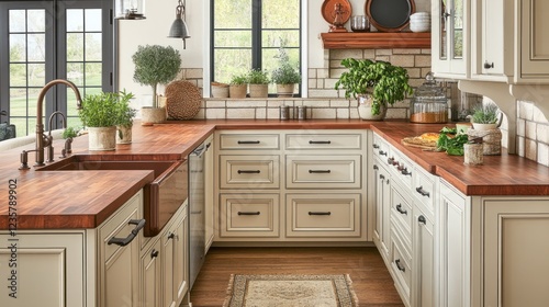 Rustic kitchen remodel, farmhouse sink, wood countertop, bright windows, home design photo