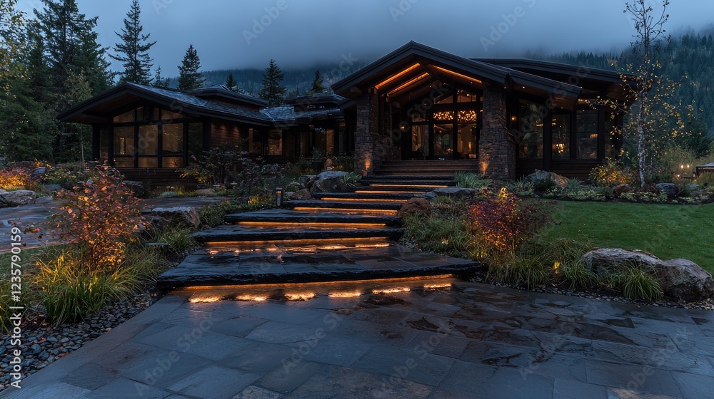 Obraz premium Luxurious mountain home twilight view, landscaped pathway