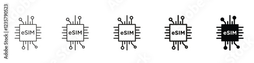 set of 5 pixel perfect e-sim icon with 1 unexpanded, 1 silhouette, E-SIM icon representing digital SIM card. Ideal for mobile, technology, and connectivity themes