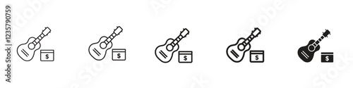 set of 5 pixel perfect Busking icon with 1 unexpanded, 1 silhouette, Busking icon showcasing street performance and music, for entertainment, arts and cultural themes