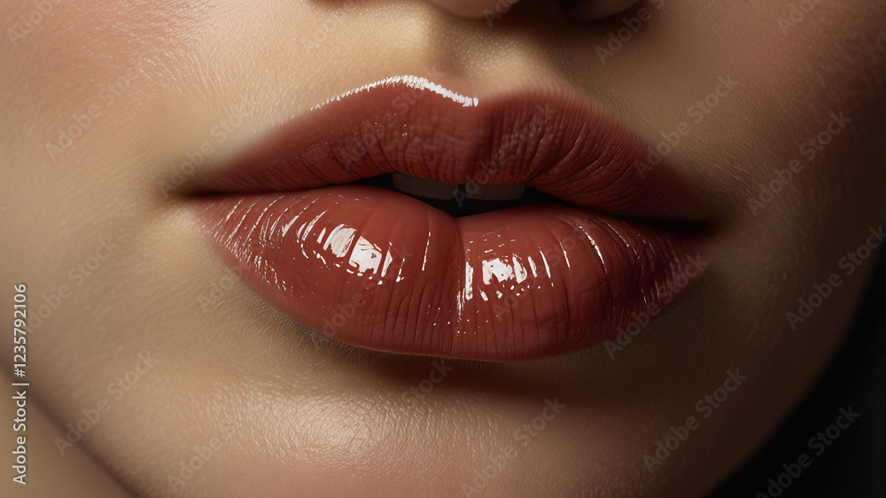 Fototapeta premium Highlighting glossy lips with a radiant finish, ideal for cosmetic campaigns, beauty advertising, skincare lip treatments, fashion editorials, and social media content creation.