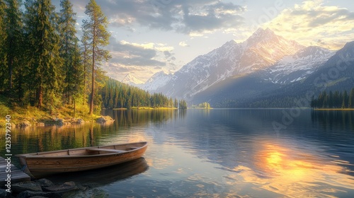 Serene Mountain Lake Landscape with Rowboat at Sunset Peaceful Nature Scene