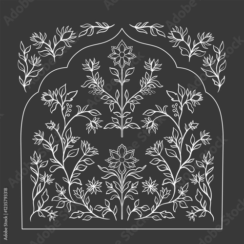 Mughal decorative ornamental floral. Vintage intricate traditional mughal style with flowers and foliage.