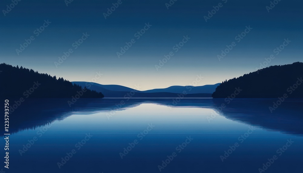 Fototapeta premium Serene Lake Surrounded by Silhouetted Mountains and Trees