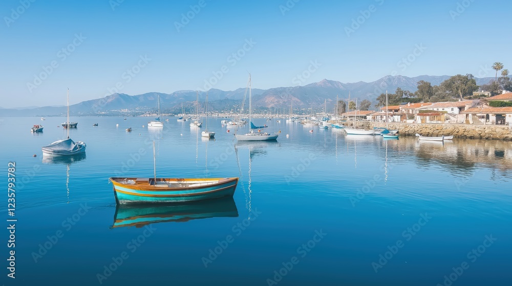 Coastal Rowboat Serenity Blue Water, Calm Harbor, Mountain View Coastal Rowboat Serenity Blue Water, Calm Harbor, Mountain View