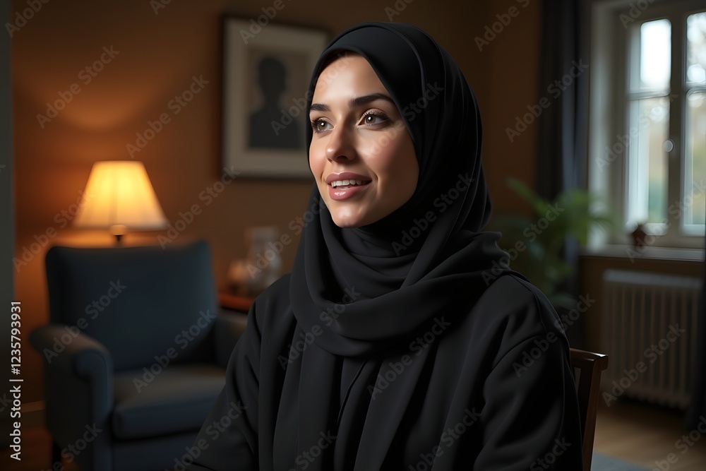 beautiful woman wearing hijab and niqab in plain black speaks forward to explain something beautiful woman wearing hijab and niqab in plain black speaks forward to explain something