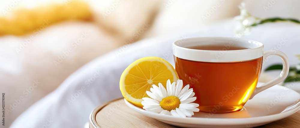 A warm cup of tea with lemon and a daisy flower rests on a wooden table, evoking a cozy, tranquil atmosphere. A warm cup of tea with lemon and a daisy flower rests on a wooden table, evoking a cozy, tranquil atmosphere.