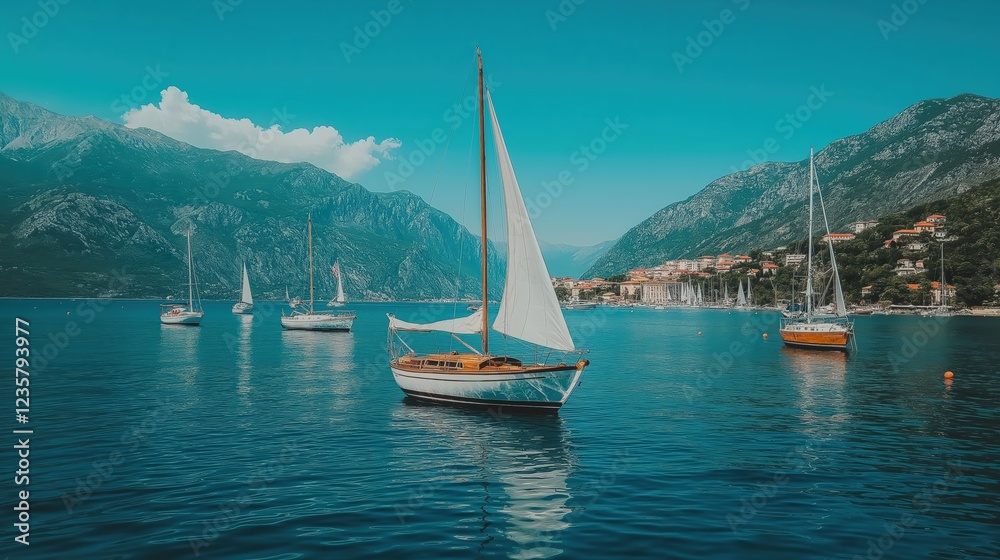 Sailboats on a Calm Turquoise Bay Under a Sunny Sky Sailboats on a Calm Turquoise Bay Under a Sunny Sky