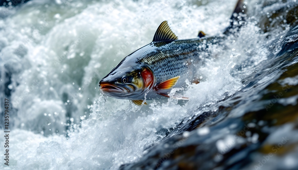 Fototapeta premium Salmon Fish Jumping Water Waterfall Nature Photography