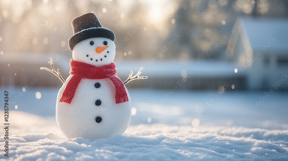 Obraz premium A cheerful snowman stands in a snowy landscape, adorned with a red scarf and black hat, surrounded by softly falling snowflakes.