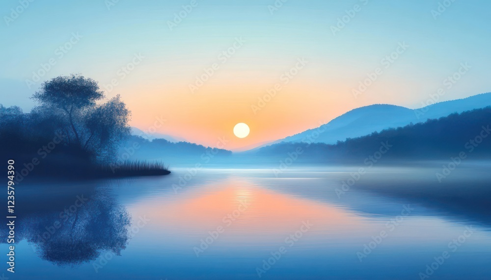Fototapeta premium Serene Sunrise Over Misty Lake and Mountains