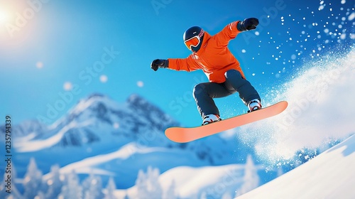 A snowboarder performs a jump on a snowy slope under a clear blue sky, surrounded by majestic mountains.