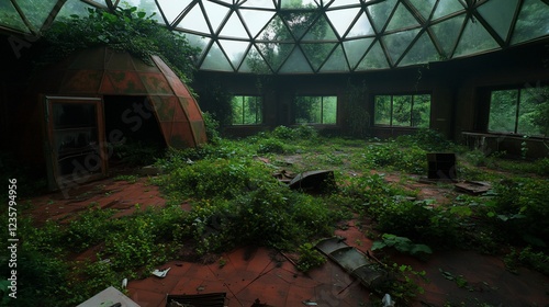 Overgrown geodesic dome interior, plants reclaiming space