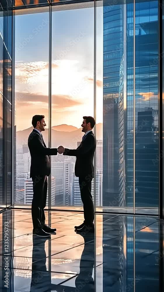 Two businessmen shaking hands in a modern glass skyscraper office at sunset. Two businessmen shaking hands in a modern glass skyscraper office at sunset.