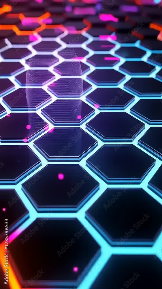 Abstract Hexagonal Grid with Vibrant Neon Lights