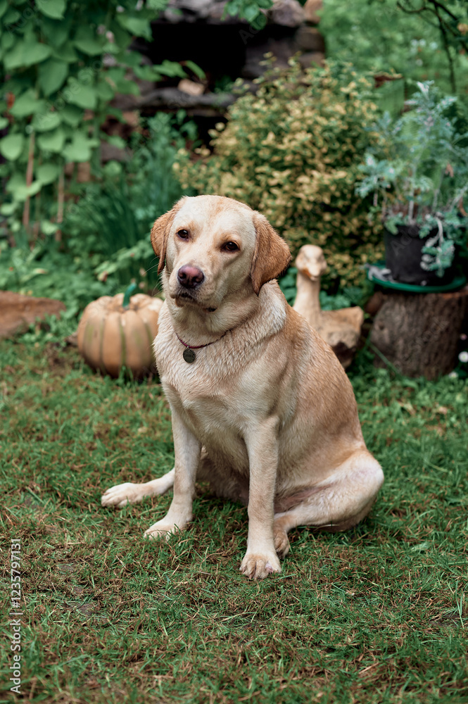 Pale Labrador sits on the grass, summer Pale Labrador sits on the grass, summer