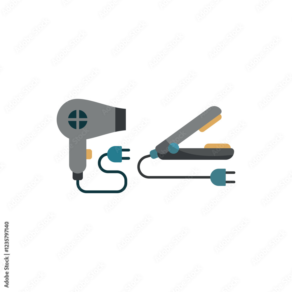 Hairdryer and hair straightener set icon with a sleek and modern style, perfect for beauty, salon, and hairstyling graphics. Hairdryer and hair straightener set icon with a sleek and modern style, perfect for beauty, salon, and hairstyling graphics.