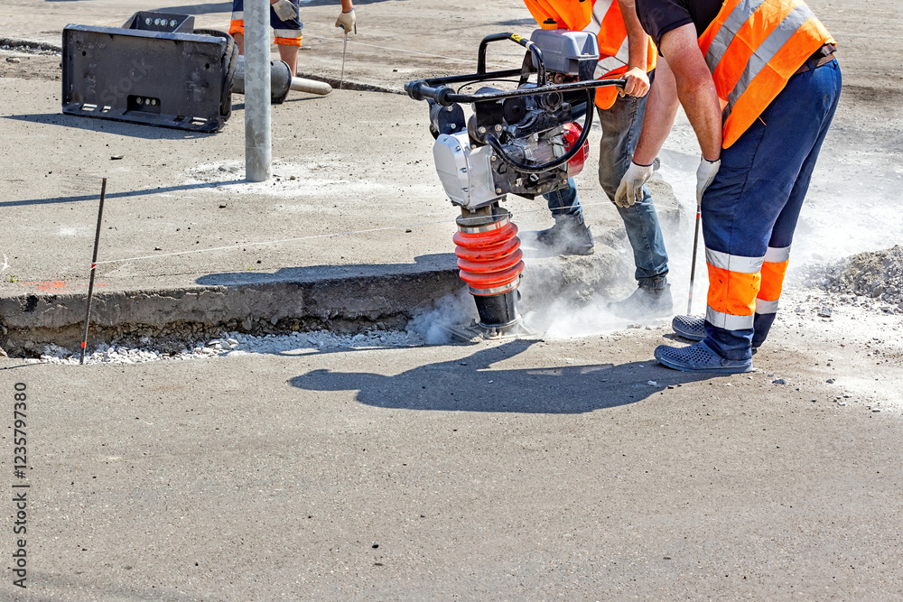 Construction workers repair pavement with heavy machinery at a busy urban site