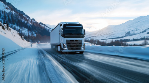 Modern white commercial trailer truck with container moving on highway snow winter road. Logistics and delivery concept