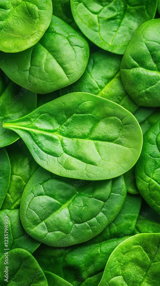 Obraz premium Fresh spinach leaves close-up, vibrant green, healthy food, background texture.