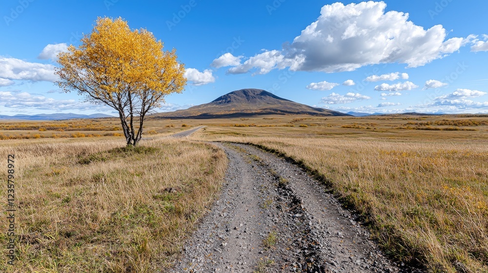 Naklejka premium Autumn road, yellow tree, mountain view, clear sky, travel photography