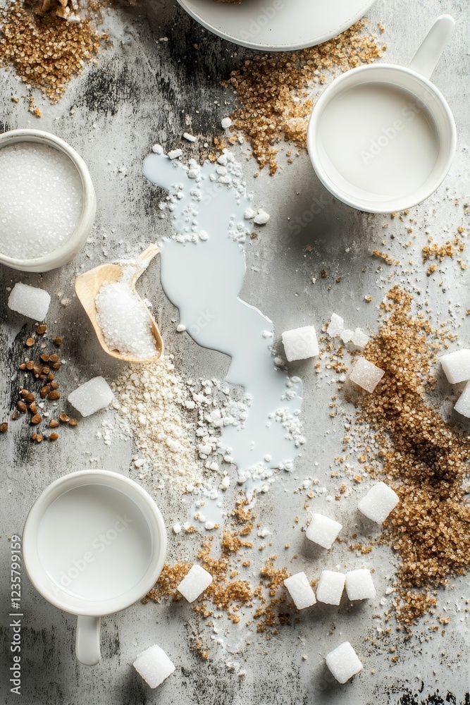Spilled milk, sugar, and sweetener on table Spilled milk, sugar, and sweetener on table