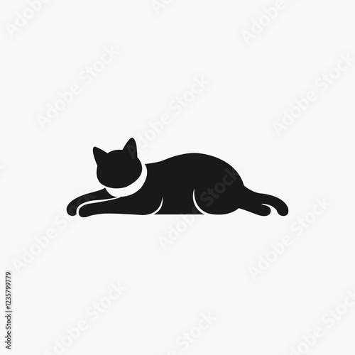 Black Cat Lying Down Icon with Collar,  Simple, black silhouette icon of a cat lying down.