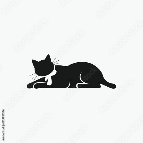 Black Cat Lying Down Icon with Collar,  Simple, black silhouette icon of a cat lying down.