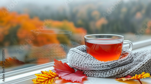 Cozy Autumn Tea by a Window with Colorful Foliage.. photo