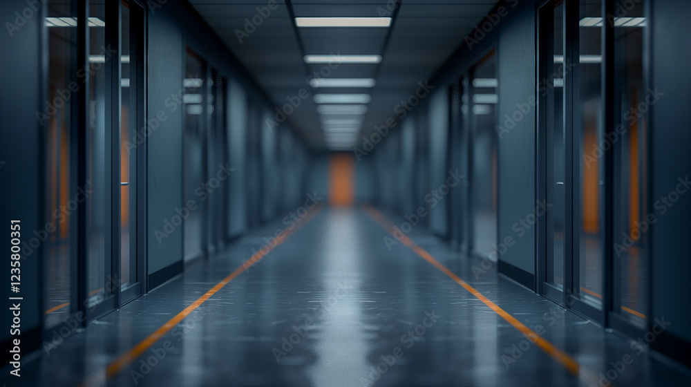 Fototapeta premium Futuristic Office Hallway with Glass Doors and Neon Accents..