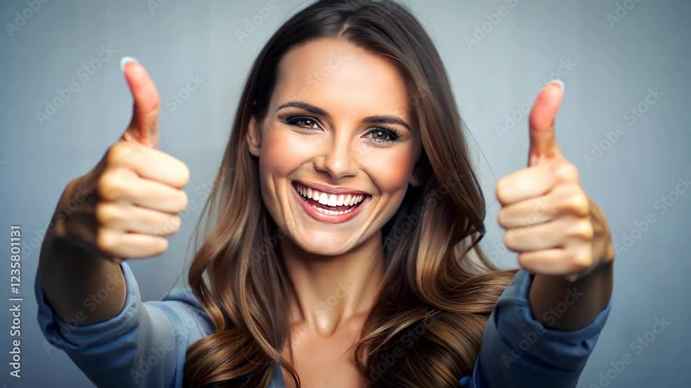 Woman with joyful mood giving two thumbs up against a gray background Woman with joyful mood giving two thumbs up against a gray background