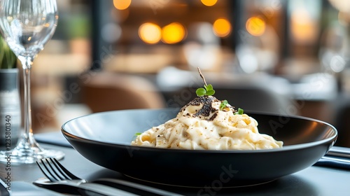 Fettuccine alfredo in a black plate with truffle oil drizzle.  photo